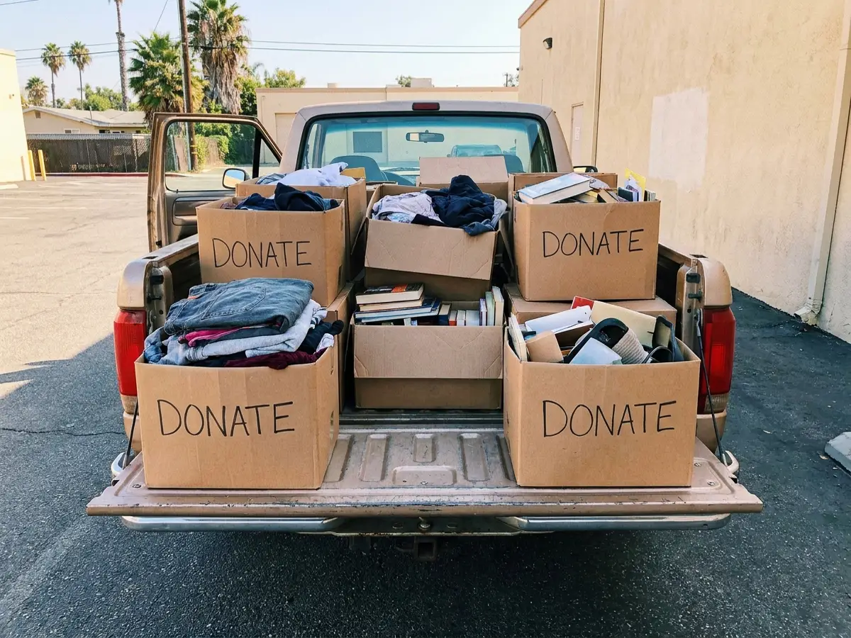 Boxes labeled donate loaded in the truck bed