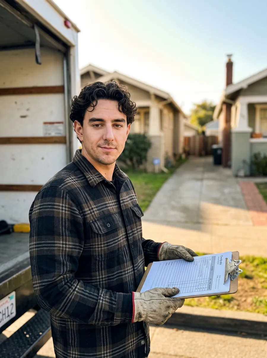 Max, founder of The Honest Haul, by his truck on an Oakland driveway