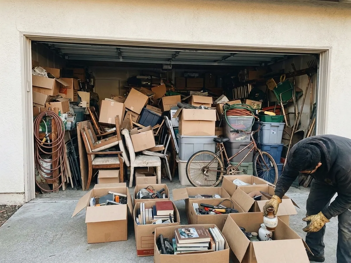 8:15 am: gloved hands sorting items into keep, donate and junk boxes