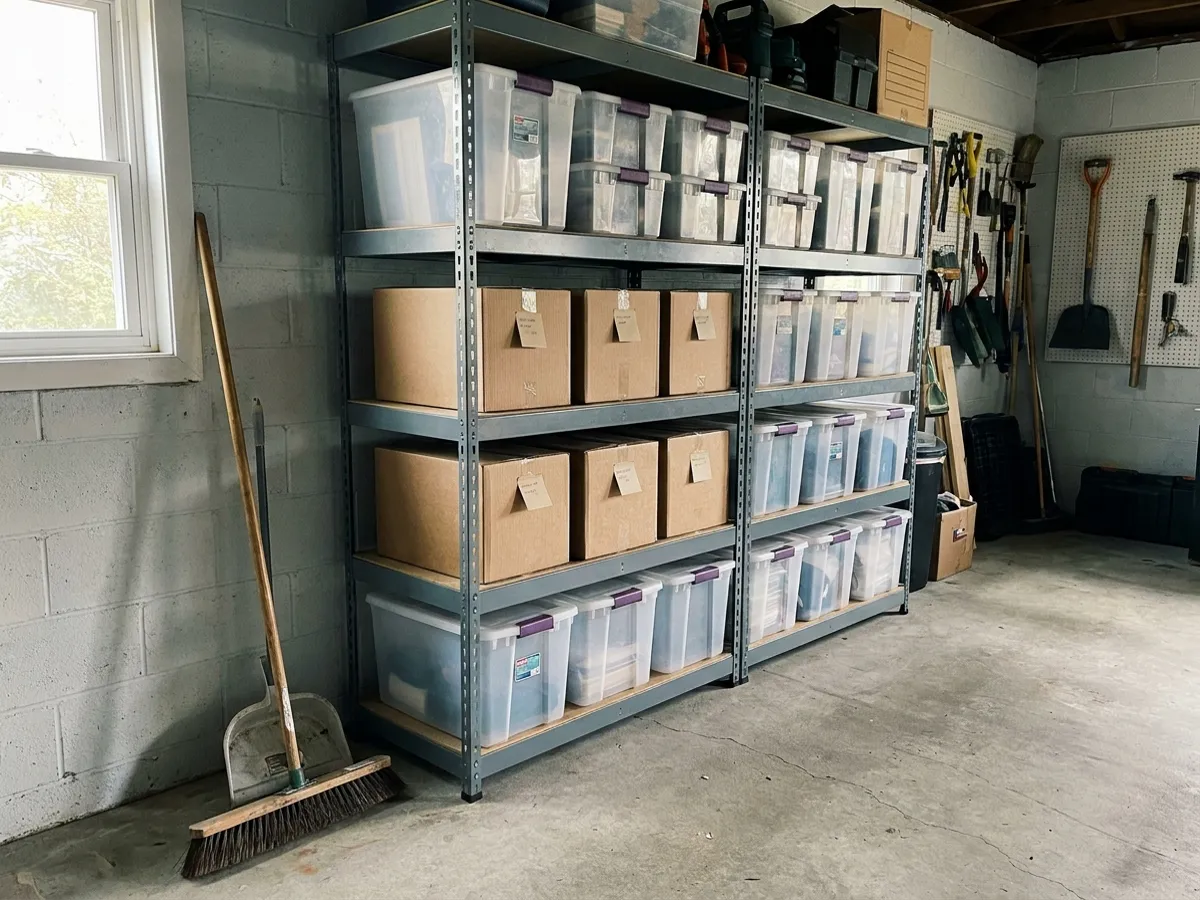 Sorted boxes and tidy shelves after a garage reset
